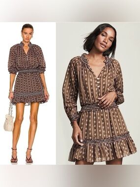Veronica Beard Espie Brown Floral Long Sleeve Cotton Ruffled Dress Women Medium